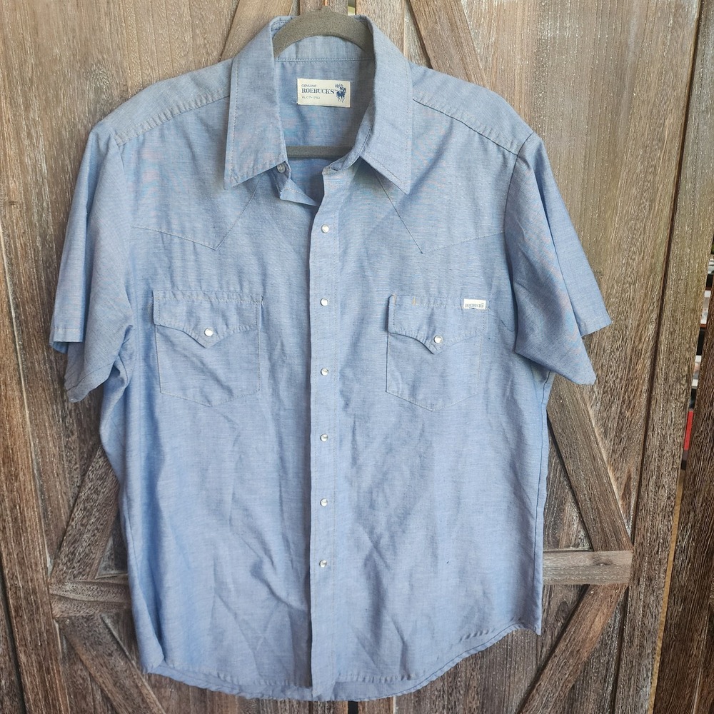 Genuine Roebucks Shirt Size XL 17-17.5 Blue Western Lightweight‎ Vintage Snaps